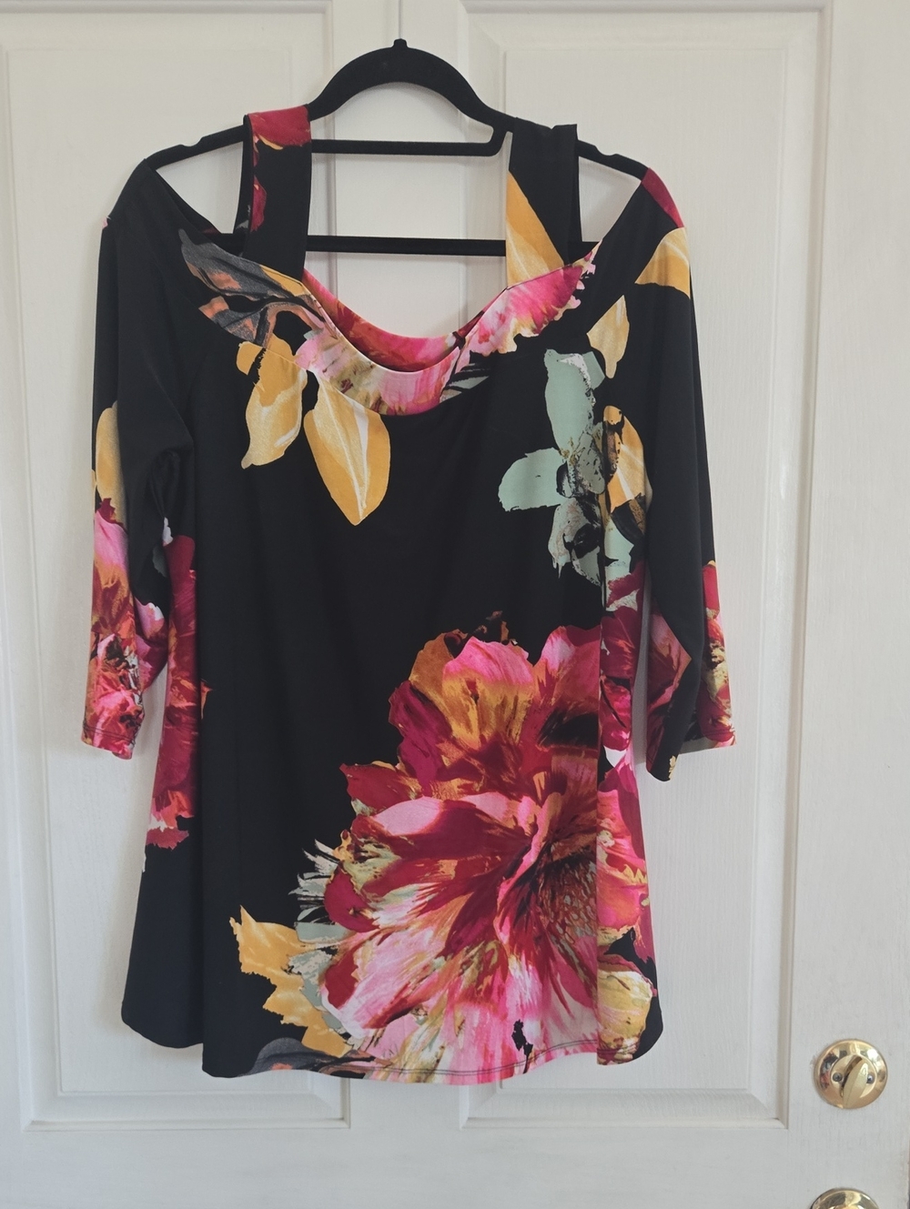Avenue Black Cold-Shoulder Floral Top with Pink & Yellow Bloom